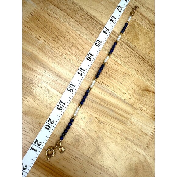 J.Crew Pearl & Lapis Blue Stone Anklet With Gold Accents Adjustable Length - Picture 9 of 11